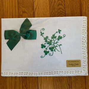 Hand Crocheted Lace Trolley Cloth with Green Shamrocks.